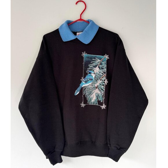 90s vintage snowy winter bird nature graphic collared cotton pullover sweatshirt - Picture 1 of 8